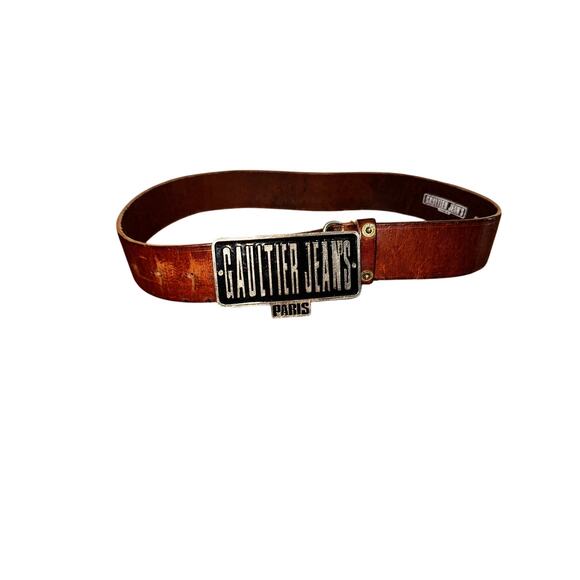 Vintage 90s Gaultier Jean\'s Paris Enamel Logo Plaque belt Brown Leather JPG main image 9